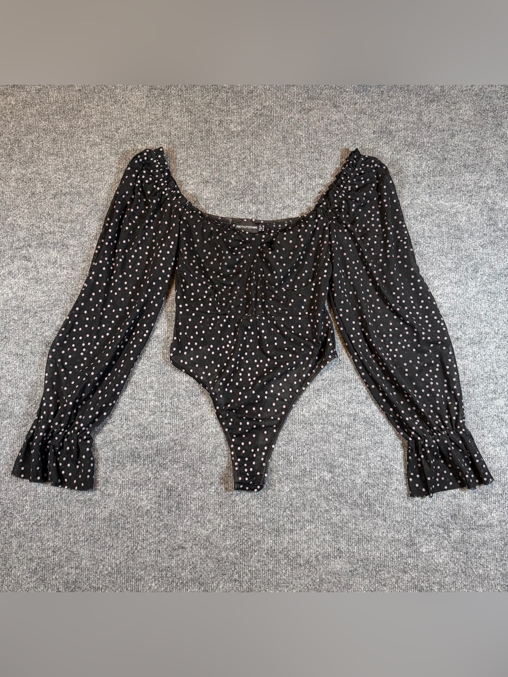 PrettyLittleThing Black Sheer Mesh Polka Dot Milkmaid Bodysuit - UK 10 / US 6
